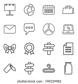 thin line icon set : billboard, circle diagram, calendar, shopping bag, mail, message, notebook, bow, medal, singlepost, document, label, signpost, hanger, bank