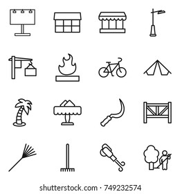 thin line icon set : billboard, market, outdoor light, loading, flammable, bike, tent, palm, restaurant, sickle, farm fence, rake, blower, garden cleaning