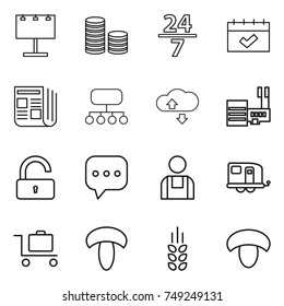 thin line icon set : billboard, coin stack, 24 7, calendar, newspaper, structure, cloude service, mall, unlock, sms, workman, trailer, baggage trolley, mushroom, spikelets