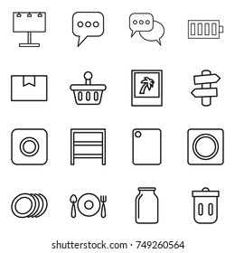 thin line icon set : billboard, message, discussion, battery, package box, basket, photo, signpost, ring button, rack, cutting board, plates, fork spoon plate, bank, trash bin