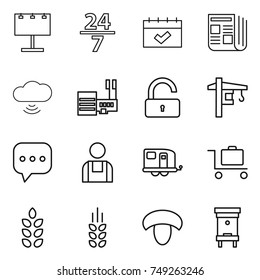thin line icon set : billboard, 24 7, calendar, newspaper, cloud wireless, mall, unlock, tower crane, sms, workman, trailer, baggage trolley, spikelets, mushroom, hive