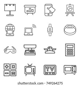 thin line icon set : billboard, presentation, touch, notebook globe, wireless, smart watch, bracelet, glasses, market scales, calculator, tv, microwave oven