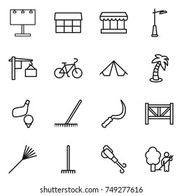 thin line icon set : billboard, market, outdoor light, loading, bike, tent, palm, golf, rake, sickle, farm fence, blower, garden cleaning