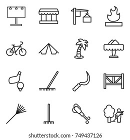 thin line icon set : billboard, market, loading, flammable, bike, tent, palm, restaurant, golf, rake, sickle, farm fence, blower, garden cleaning