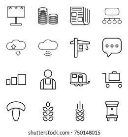 thin line icon set : billboard, coin stack, newspaper, structure, cloude service, cloud wireless, tower crane, sms, sorting, workman, trailer, baggage trolley, mushroom, spikelets, hive