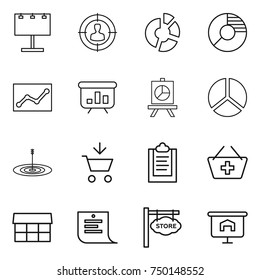 thin line icon set : billboard, target audience, circle diagram, statistics, presentation, add to cart, clipboard, basket, market, shopping list, store signboard