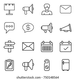 thin line icon set : billboard, loudspeaker, woman, mail, message, money, megafon, singlepost, calendar, terms, clipboard pen, do not distrub, fridge
