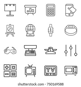 thin line icon set : billboard, presentation, calculator, touch, notebook globe, smart watch, bracelet, glasses, market scales, equalizer, tv, microwave oven