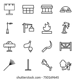 thin line icon set : billboard, market, dome house, outdoor light, loading, flammable, palm, restaurant, golf, sickle, farm fence, rake, blower, garden cleaning
