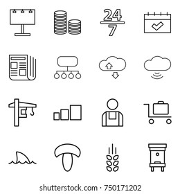 thin line icon set : billboard, coin stack, 24 7, calendar, newspaper, structure, cloude service, cloud wireless, tower crane, sorting, workman, baggage trolley, shark flipper, mushroom, spikelets