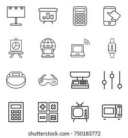 thin line icon set : billboard, presentation, calculator, touch, notebook globe, wireless, smart watch, bracelet, glasses, market scales, equalizer, tv, microwave oven