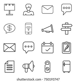 thin line icon set : billboard, woman, mail, message, money, phone wireless, loudspeaker, singlepost, sms, terms, clipboard pen, document, do not distrub, fridge