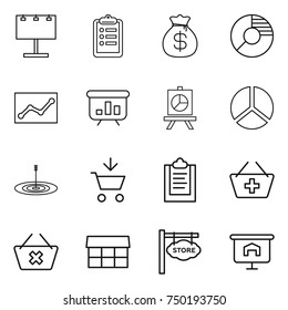 thin line icon set : billboard, clipboard, money bag, circle diagram, statistics, presentation, target, add to cart, basket, delete, market, store signboard