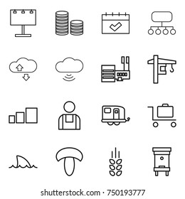 thin line icon set : billboard, coin stack, calendar, structure, cloude service, cloud wireless, mall, tower crane, sorting, workman, trailer, baggage trolley, shark flipper, mushroom, spikelets