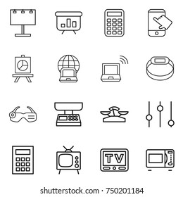 thin line icon set : billboard, presentation, calculator, touch, notebook globe, wireless, smart bracelet, glasses, market scales, equalizer, tv, microwave oven