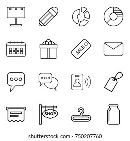 thin line icon set : billboard, pencil, circle diagram, calendar, gift, sale, mail, message, discussion, pass card, label, atm receipt, shop signboard, hanger, bank