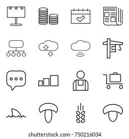 thin line icon set : billboard, coin stack, calendar, newspaper, structure, cloud service, cloud wireless, tower crane, sms, sorting, workman, baggage trolley, shark flipper, mushroom, spikelets