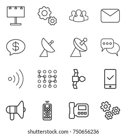 thin line icon set : billboard, gear, group, mail, money message, satellite antenna, discussion, wireless, chip, mobile checking, loudspeaker, remote control, intercome, gears