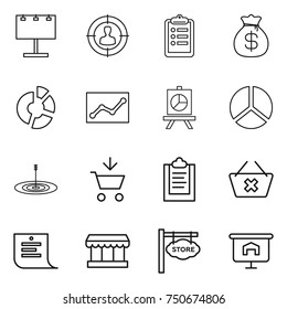 thin line icon set : billboard, target audience, clipboard, money bag, circle diagram, statistics, presentation, add to cart, delete, shopping list, market, store signboard