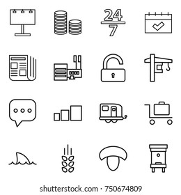 thin line icon set : billboard, coin stack, 24 7, calendar, newspaper, mall, unlock, tower crane, sms, sorting, trailer, baggage trolley, shark flipper, spikelets, mushroom, hive