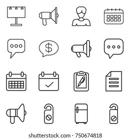 thin line icon set : billboard, loudspeaker, woman, calendar, message, money, megafon, sms, terms, clipboard pen, document, do not distrub, fridge
