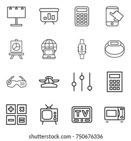 thin line icon set : billboard, presentation, calculator, touch, notebook globe, smart watch, bracelet, glasses, scales, equalizer, tv, microwave oven