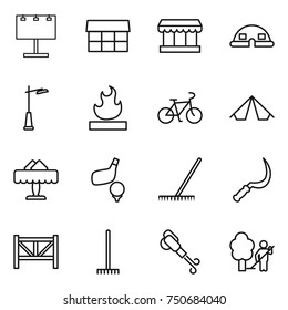 thin line icon set : billboard, market, dome house, outdoor light, flammable, bike, tent, restaurant, golf, rake, sickle, farm fence, blower, garden cleaning