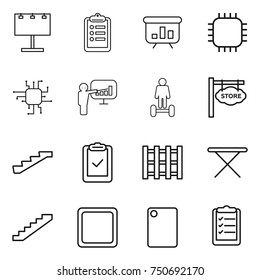 thin line icon set : billboard, clipboard, presentation, chip, hoverboard, store signboard, stairs, check, pallet, iron board, cutting, list