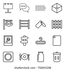 thin line icon set : billboard, discussion, battery, box, shop signboard, rack, label, pallet, photo, signpost, hanger, cutting board, ring button, fork spoon plate, bank, trash bin