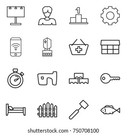 thin line icon set : billboard, woman, pedestal, gear, phone wireless, crystall memory, add to basket, market, stopwatch, slum, block wall, key, bed, fence, meat hammer, fish