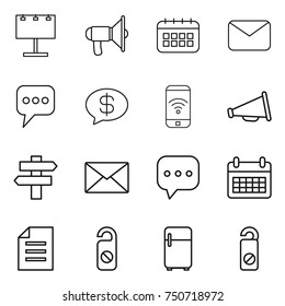 thin line icon set : billboard, loudspeaker, calendar, mail, message, money, phone wireless, singlepost, sms, document, do not distrub, fridge