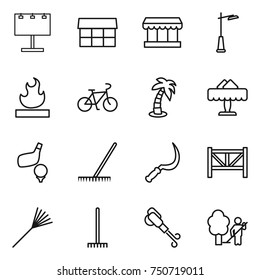 thin line icon set : billboard, market, outdoor light, flammable, bike, palm, restaurant, golf, rake, sickle, farm fence, blower, garden cleaning
