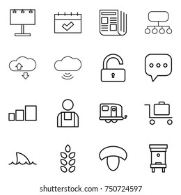 thin line icon set : billboard, calendar, newspaper, structure, cloude service, cloud wireless, unlock, sms, sorting, workman, trailer, baggage trolley, shark flipper, spikelets, mushroom, hive