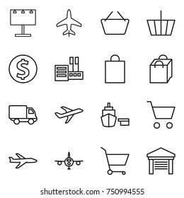thin line icon set : billboard, plane, basket, dollar coin, store, shopping bag, delivery, port, cart, garage