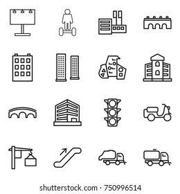 thin line icon set : billboard, hoverboard, store, bridge, building, skyscrapers, modern architecture, office, traffic light, scooter shipping, loading, escalator, trash truck, sweeper thin line icon set : billboard, hoverboard, store, bridge, building, skyscrapers, modern architecture, office, traffic light, scooter shipping, loading, escalator, trash truck, sweeper