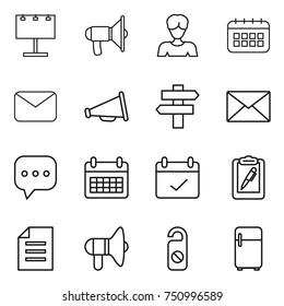 thin line icon set : billboard, loudspeaker, woman, calendar, mail, singlepost, sms, terms, clipboard pen, document, do not distrub, fridge