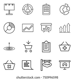 thin line icon set : billboard, target audience, clipboard, circle diagram, statistics, presentation, graph up, add to cart, basket, delete, shopping list, store signboard