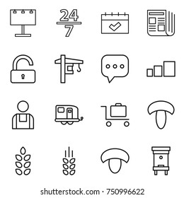 thin line icon set : billboard, 24 7, calendar, newspaper, unlock, tower crane, sms, sorting, workman, trailer, baggage trolley, mushroom, spikelets, hive