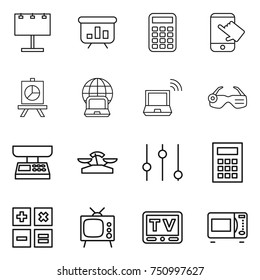 thin line icon set : billboard, presentation, calculator, touch, notebook globe, wireless, smart glasses, market scales, equalizer, tv, microwave oven