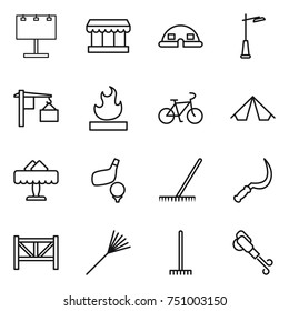 thin line icon set : billboard, market, dome house, outdoor light, loading, flammable, bike, tent, restaurant, golf, rake, sickle, farm fence, blower