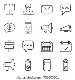 thin line icon set : billboard, woman, mail, message, money, phone wireless, megafon, loudspeaker, singlepost, sms, calendar, terms, do not distrub, fridge