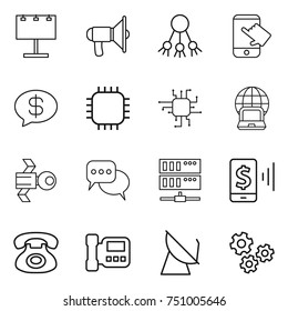 thin line icon set : billboard, loudspeaker, share, touch, money message, chip, notebook globe, satellite, discussion, server, mobile pay, phone, intercome, antenna, gears