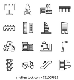 thin line icon set : billboard, hoverboard, store, bridge, skyscrapers, skyscraper, modern architecture, district, city, outdoor light, traffic, scooter shipping, escalator, hotel