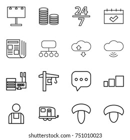 thin line icon set : billboard, coin stack, 24 7, calendar, newspaper, structure, cloude service, cloud wireless, mall, tower crane, sms, sorting, workman, trailer, mushroom