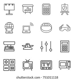 thin line icon set : billboard, presentation, calculator, notebook globe, wireless, smart bracelet, glasses, market scales, equalizer, tv, microwave oven