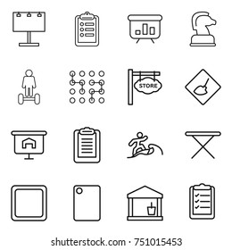 thin line icon set : billboard, clipboard, presentation, chess horse, hoverboard, chip, store signboard, under construction, surfer, iron board, cutting, utility room, list