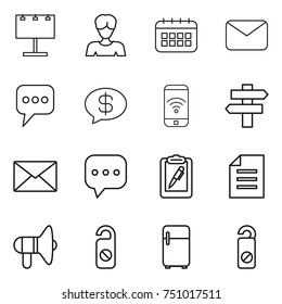 thin line icon set : billboard, woman, calendar, mail, message, money, phone wireless, singlepost, sms, clipboard pen, document, loudspeaker, do not distrub, fridge