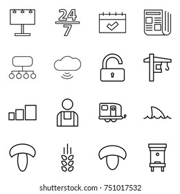 thin line icon set : billboard, 24 7, calendar, newspaper, structure, cloud wireless, unlock, tower crane, sorting, workman, trailer, shark flipper, mushroom, spikelets, hive
