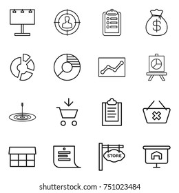 thin line icon set : billboard, target audience, clipboard, money bag, circle diagram, statistics, presentation, add to cart, delete, market, shopping list, store signboard