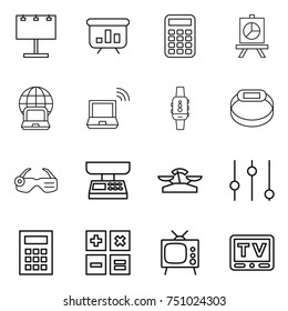 thin line icon set : billboard, presentation, calculator, notebook globe, wireless, smart watch, bracelet, glasses, market scales, equalizer, tv